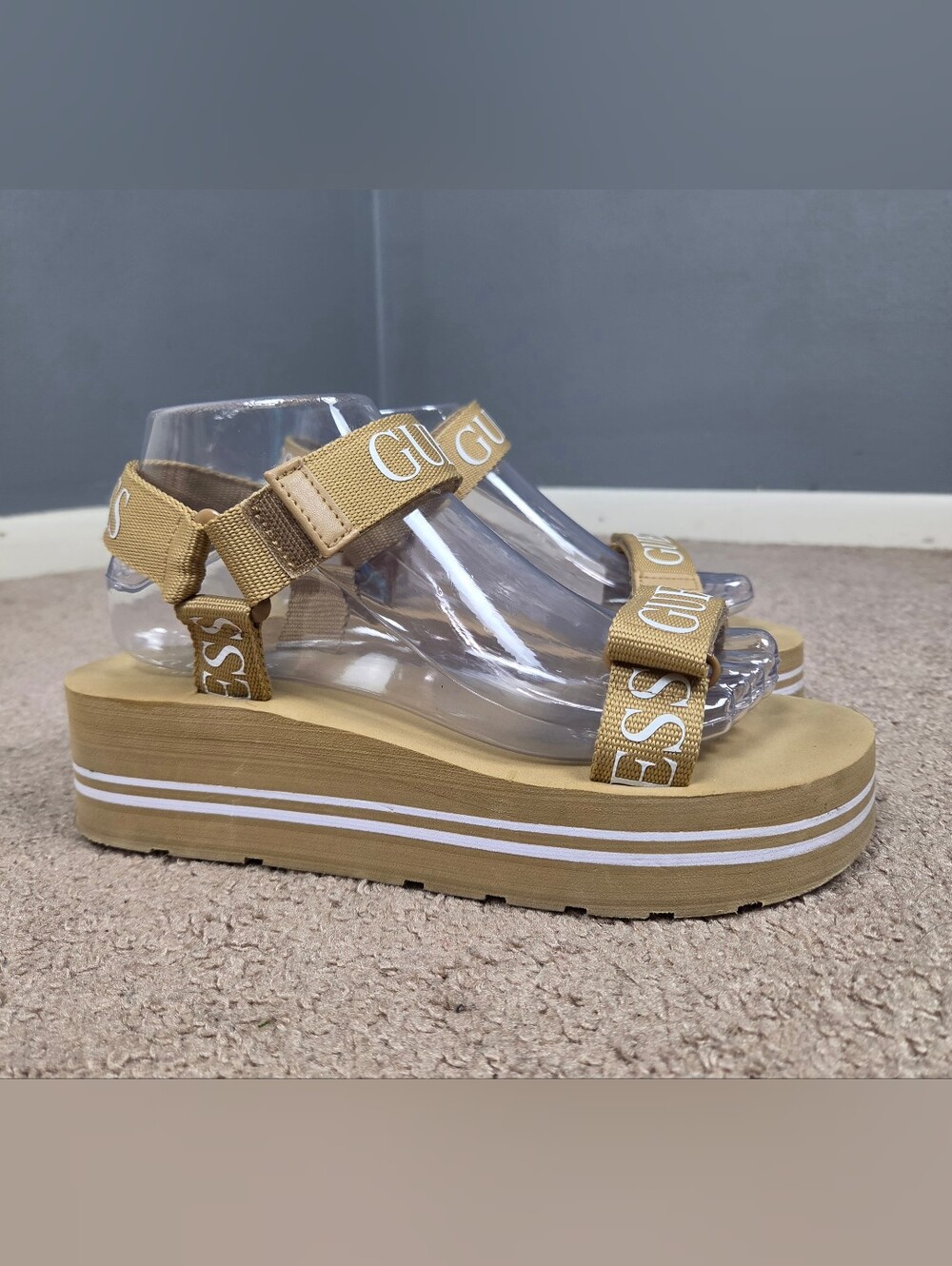 Guess Women's Gold-Tone Platform Sandals with Branded Straps
